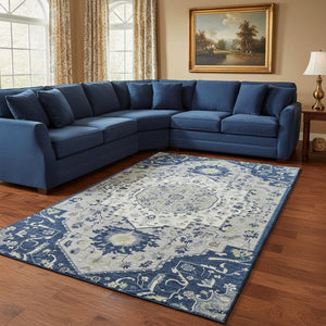 HomeRoots 9' X 12' Elegant Navy Blue Ivory Green Oriental Washable Rug with UV Protection for Durable Living 677776