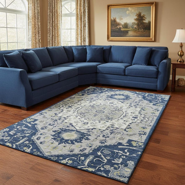 HomeRoots 9' X 12' Elegant Navy Blue Ivory Green Oriental Washable Rug with UV Protection for Durable Living 677776