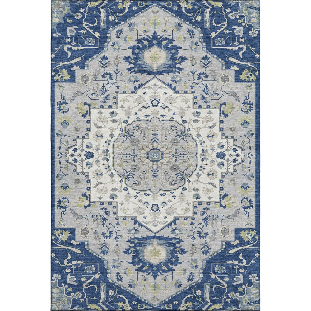 HomeRoots 9' X 12' Elegant Navy Blue Ivory Green Oriental Washable Rug with UV Protection for Durable Living 677776