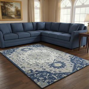 HomeRoots 10' Classic Oriental Washable Area Rug in Navy, Ivory & Green - Stain Resistant & UV Protected! 677777