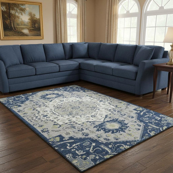 HomeRoots 10' Classic Oriental Washable Area Rug in Navy, Ivory & Green - Stain Resistant & UV Protected! 677777
