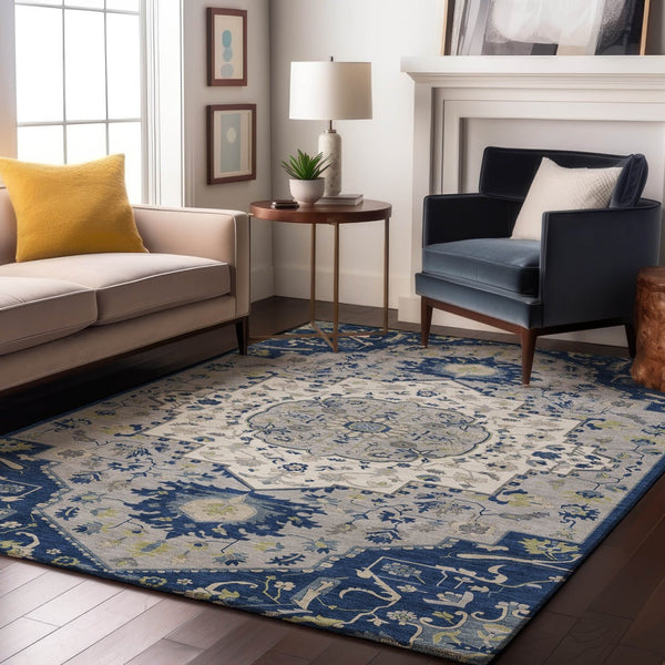 HomeRoots 10' Classic Oriental Washable Area Rug in Navy, Ivory & Green - Stain Resistant & UV Protected! 677777