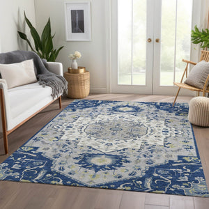 HomeRoots 10' Classic Oriental Washable Area Rug in Navy, Ivory & Green - Stain Resistant & UV Protected! 677777