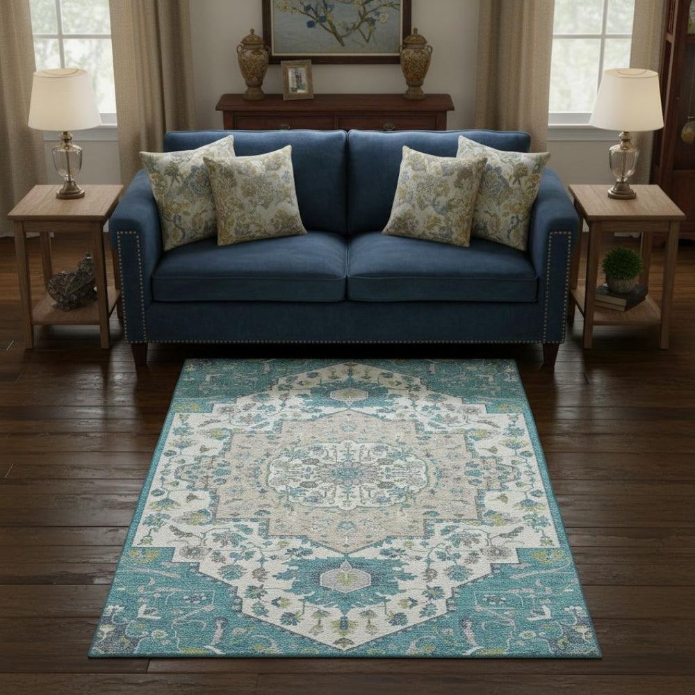 HomeRoots 5' X 8' Teal Ivory Green Oriental Washable Area Rug - UV Protected, Stain Resistant, Easy Care! 677779