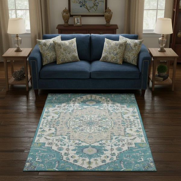 HomeRoots 5' X 8' Teal Ivory Green Oriental Washable Area Rug - UV Protected, Stain Resistant, Easy Care! 677779