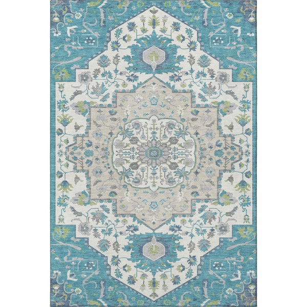 HomeRoots 5' X 8' Teal Ivory Green Oriental Washable Area Rug - UV Protected, Stain Resistant, Easy Care! 677779
