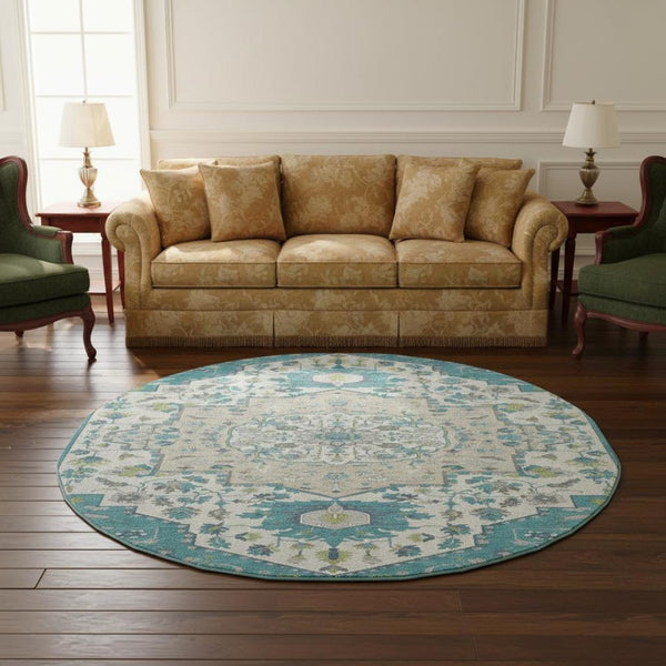 HomeRoots 8' Teal Ivory and Green Oriental Washable Round Rug - Stylish, Durable, Stain-Resistant with UV Protection 677780