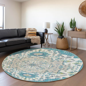 HomeRoots 8' Teal Ivory and Green Oriental Washable Round Rug - Stylish, Durable, Stain-Resistant with UV Protection 677780