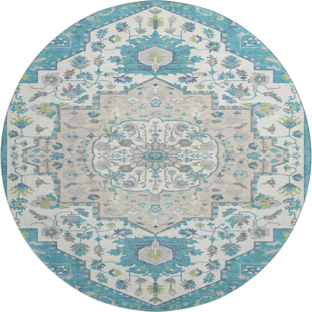 HomeRoots 8' Teal Ivory and Green Oriental Washable Round Rug - Stylish, Durable, Stain-Resistant with UV Protection 677780