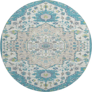HomeRoots 8' Teal Ivory and Green Oriental Washable Round Rug - Stylish, Durable, Stain-Resistant with UV Protection 677780