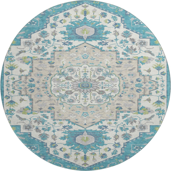 HomeRoots 8' Teal Ivory and Green Oriental Washable Round Rug - Stylish, Durable, Stain-Resistant with UV Protection 677780