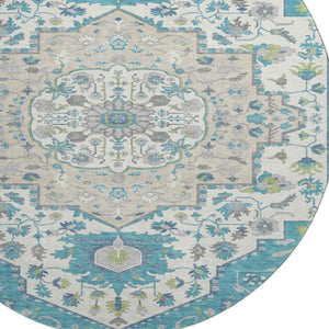 HomeRoots 8' Teal Ivory and Green Oriental Washable Round Rug - Stylish, Durable, Stain-Resistant with UV Protection 677780