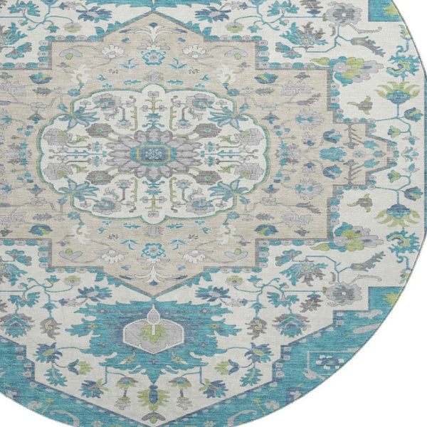 HomeRoots 8' Teal Ivory and Green Oriental Washable Round Rug - Stylish, Durable, Stain-Resistant with UV Protection 677780