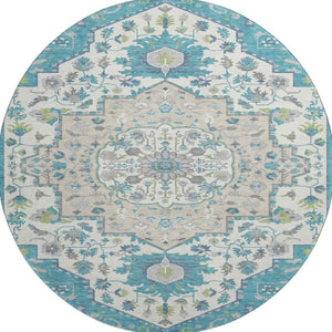 HomeRoots 8' Teal Ivory and Green Oriental Washable Round Rug - Stylish, Durable, Stain-Resistant with UV Protection 677780