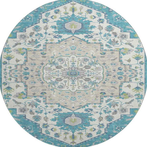 HomeRoots 8' Teal Ivory and Green Oriental Washable Round Rug - Stylish, Durable, Stain-Resistant with UV Protection 677780
