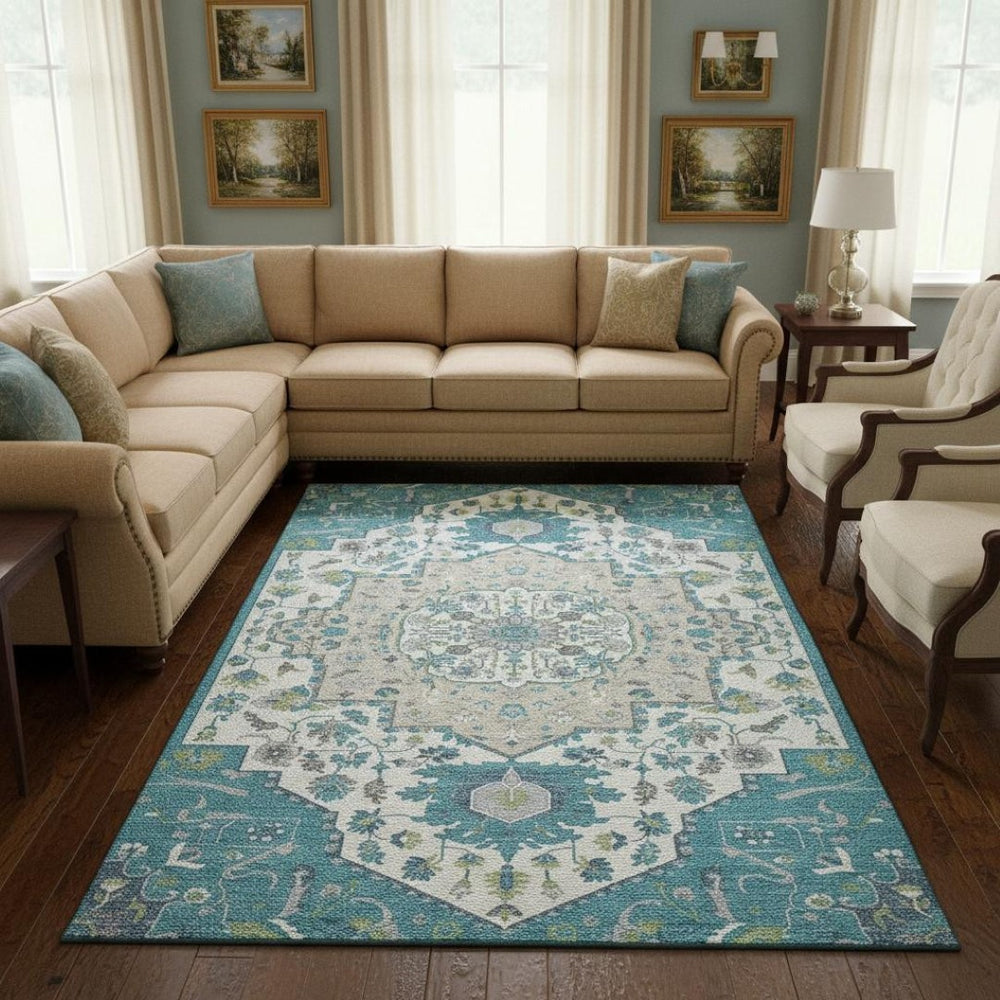 HomeRoots 8' X 10' Teal Ivory Green Oriental Washable Area Rug - Stain Resistant, UV Protected & Durable Design 677781