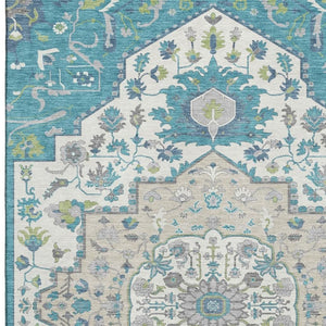 HomeRoots 8' X 10' Teal Ivory Green Oriental Washable Area Rug - Stain Resistant, UV Protected & Durable Design 677781