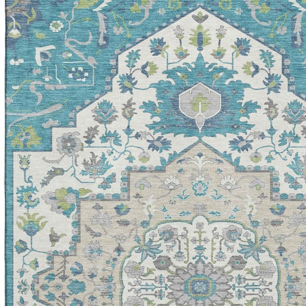 HomeRoots 8' X 10' Teal Ivory Green Oriental Washable Area Rug - Stain Resistant, UV Protected & Durable Design 677781