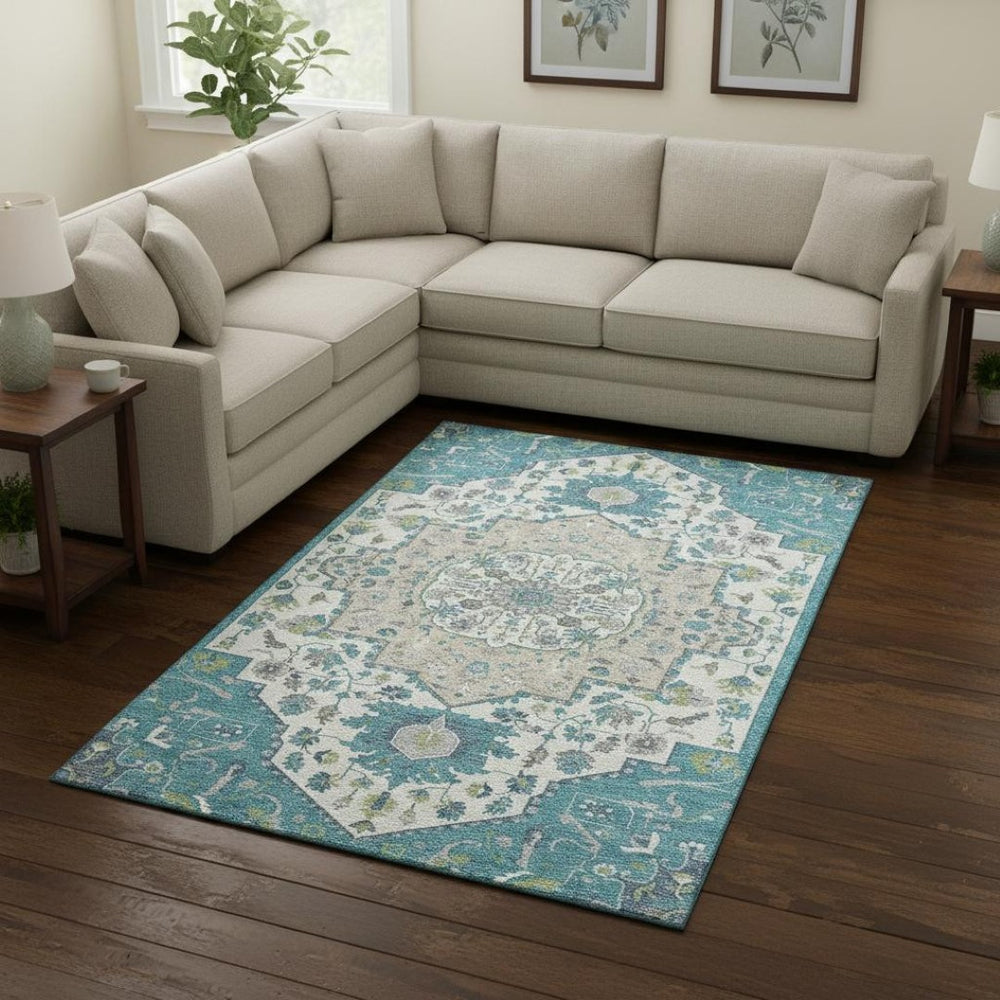 HomeRoots 9' X 12' Teal Ivory Green Oriental Area Rug – Washable, UV-Protected, Perfect for High-Traffic Spaces 677782