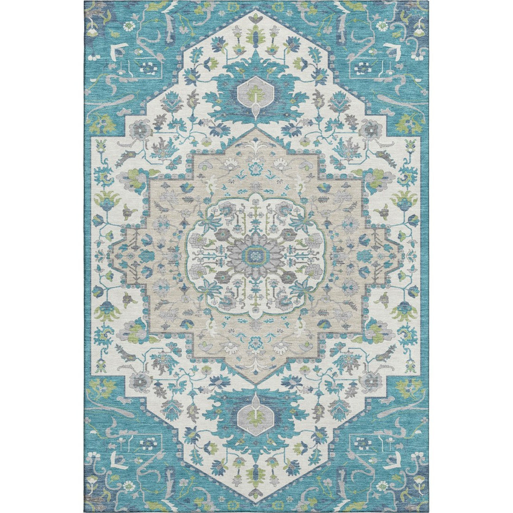 HomeRoots 9' X 12' Teal Ivory Green Oriental Area Rug – Washable, UV-Protected, Perfect for High-Traffic Spaces 677782