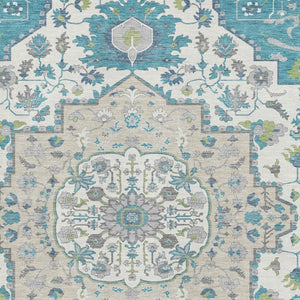 HomeRoots 9' X 12' Teal Ivory Green Oriental Area Rug – Washable, UV-Protected, Perfect for High-Traffic Spaces 677782