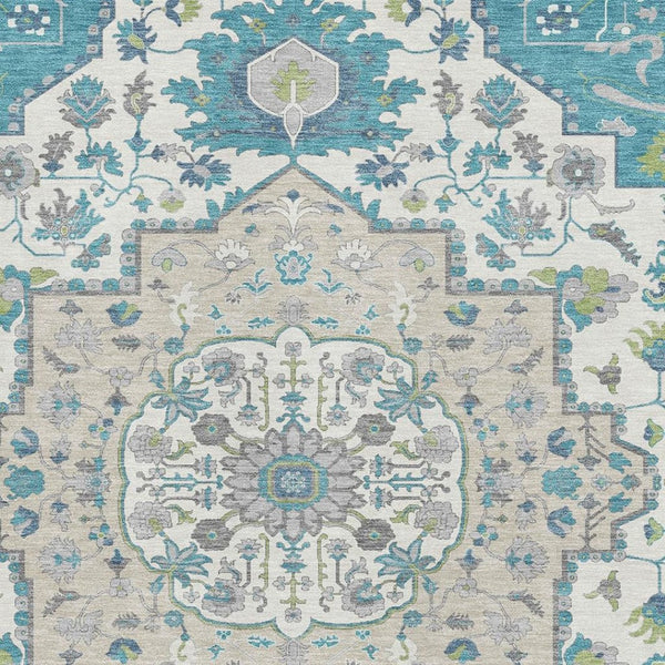 HomeRoots 9' X 12' Teal Ivory Green Oriental Area Rug – Washable, UV-Protected, Perfect for High-Traffic Spaces 677782