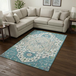HomeRoots 10' X 14' Teal Ivory Green Oriental Rug - Washable, Stain Resistant, UV Protected for Busy Homes 677783