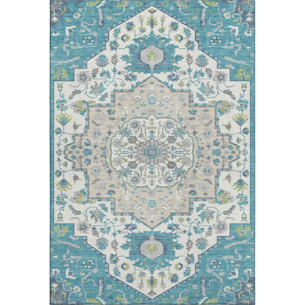 HomeRoots 10' X 14' Teal Ivory Green Oriental Rug - Washable, Stain Resistant, UV Protected for Busy Homes 677783
