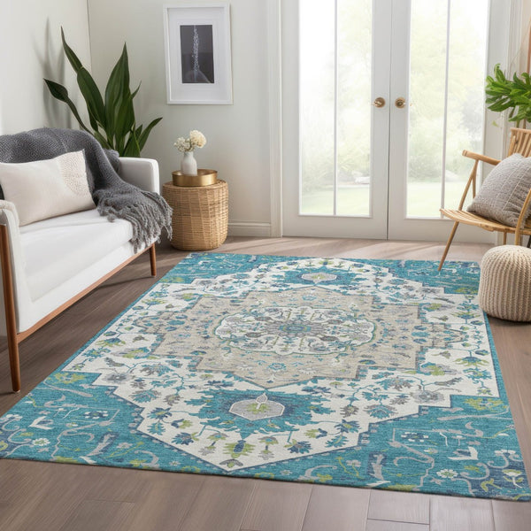 HomeRoots 10' X 14' Teal Ivory Green Oriental Rug - Washable, Stain Resistant, UV Protected for Busy Homes 677783