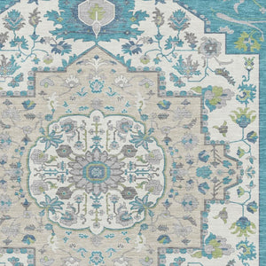 HomeRoots 10' X 14' Teal Ivory Green Oriental Rug - Washable, Stain Resistant, UV Protected for Busy Homes 677783