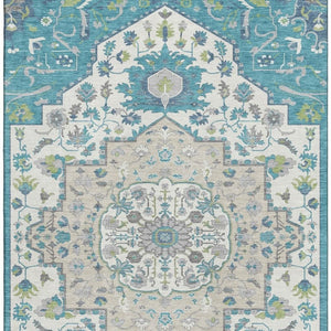 HomeRoots 10' X 14' Teal Ivory Green Oriental Rug - Washable, Stain Resistant, UV Protected for Busy Homes 677783