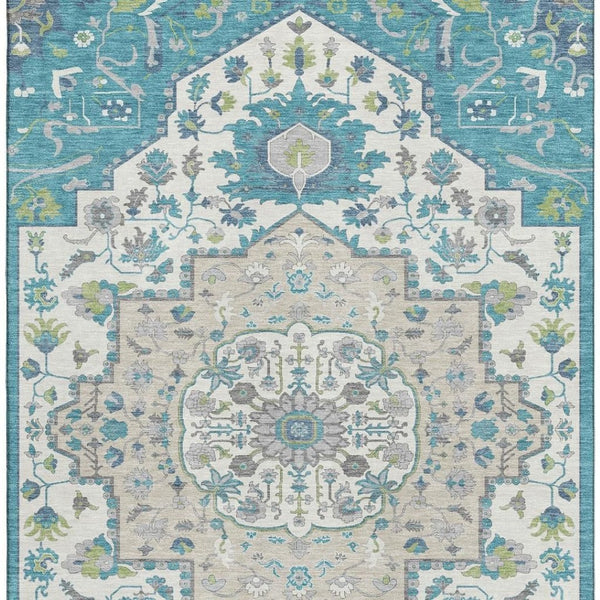 HomeRoots 10' X 14' Teal Ivory Green Oriental Rug - Washable, Stain Resistant, UV Protected for Busy Homes 677783