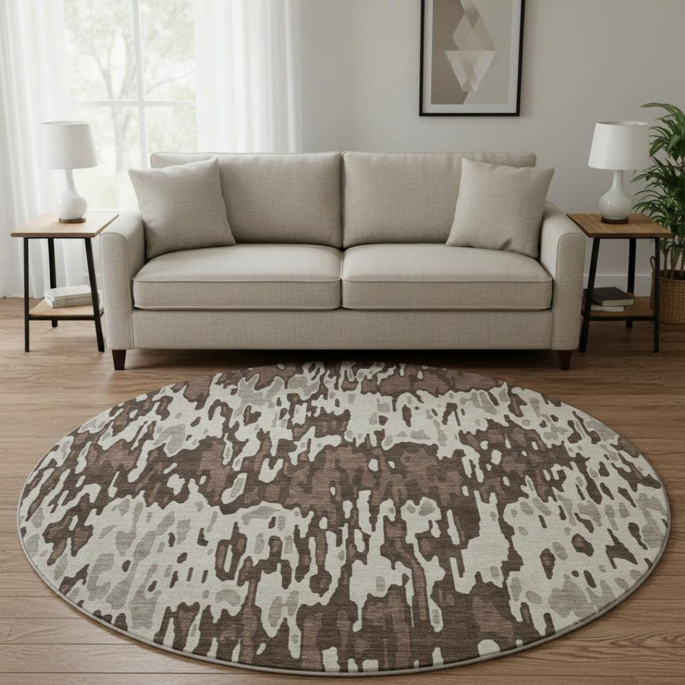 HomeRoots 8' Brown Ivory and Taupe Striped Washable Round Rug – UV Protected, Stain Resistant, Easy Care! 677786