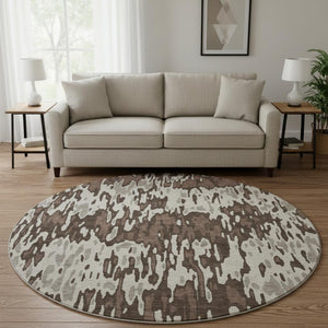 HomeRoots 8' Brown Ivory and Taupe Striped Washable Round Rug – UV Protected, Stain Resistant, Easy Care! 677786