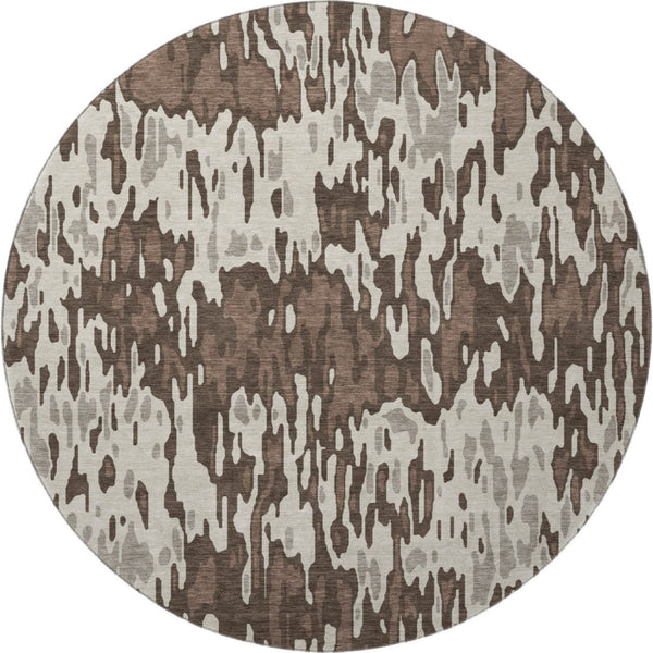 HomeRoots 8' Brown Ivory and Taupe Striped Washable Round Rug – UV Protected, Stain Resistant, Easy Care! 677786