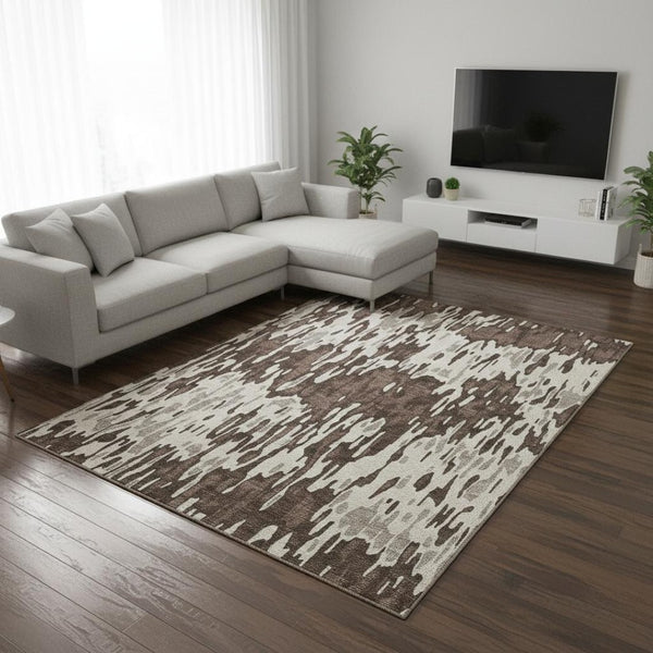 HomeRoots 8' X 10' Striped Area Rug in Brown, Ivory & Taupe - Washable, UV Protected, Durable & Stylish Decor 677787