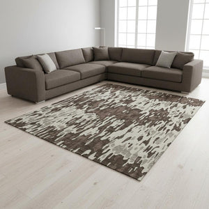 HomeRoots 9' X 12' Stylish Brown Ivory Taupe Striped Washable Area Rug with UV Protection for Home Décor 677788