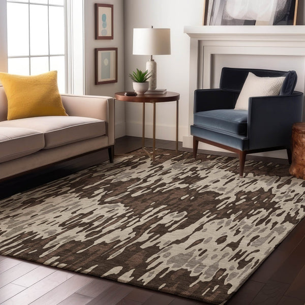 HomeRoots 9' X 12' Stylish Brown Ivory Taupe Striped Washable Area Rug with UV Protection for Home Décor 677788