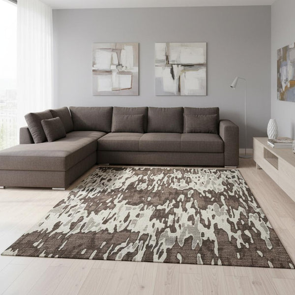 HomeRoots 10' Brown Ivory Taupe Striped Washable Area Rug with UV Protection – Stylish, Durable & Easy Care! 677789