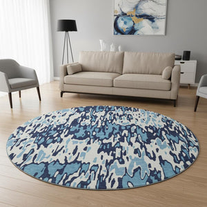 HomeRoots 8' Blue And Ivory Striped Washable Round Rug - UV Protected, Stain Resistant for Busy Homes & Patios 677792