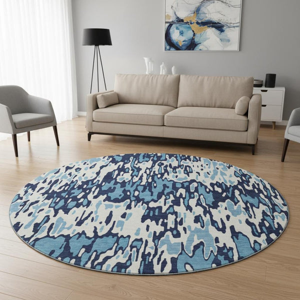 HomeRoots 8' Blue And Ivory Striped Washable Round Rug - UV Protected, Stain Resistant for Busy Homes & Patios 677792