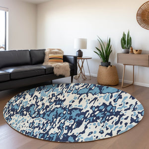 HomeRoots 8' Blue And Ivory Striped Washable Round Rug - UV Protected, Stain Resistant for Busy Homes & Patios 677792
