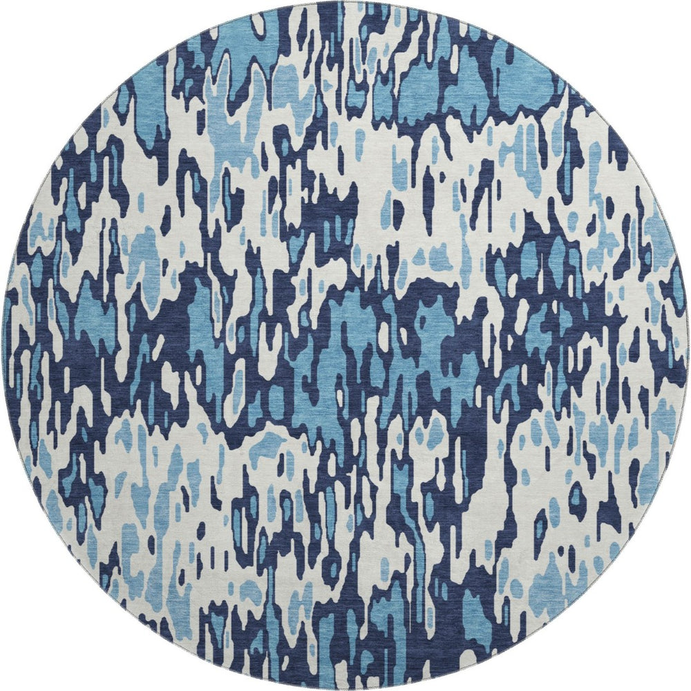 HomeRoots 8' Blue And Ivory Striped Washable Round Rug - UV Protected, Stain Resistant for Busy Homes & Patios 677792