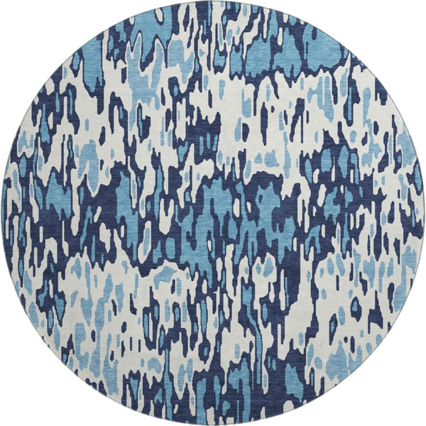 HomeRoots 8' Blue And Ivory Striped Washable Round Rug - UV Protected, Stain Resistant for Busy Homes & Patios 677792