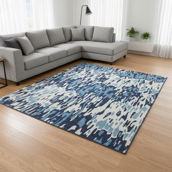 HomeRoots 8' x 10' Striped Washable Area Rug – Durable Blue & Ivory Design with UV Protection for Versatile Use 677793