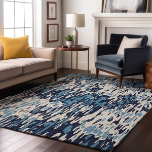 HomeRoots 8' x 10' Striped Washable Area Rug – Durable Blue & Ivory Design with UV Protection for Versatile Use 677793