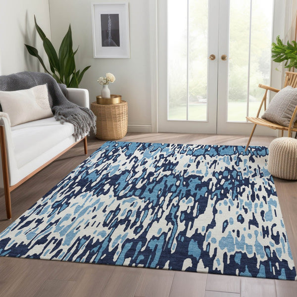 HomeRoots 8' x 10' Striped Washable Area Rug – Durable Blue & Ivory Design with UV Protection for Versatile Use 677793