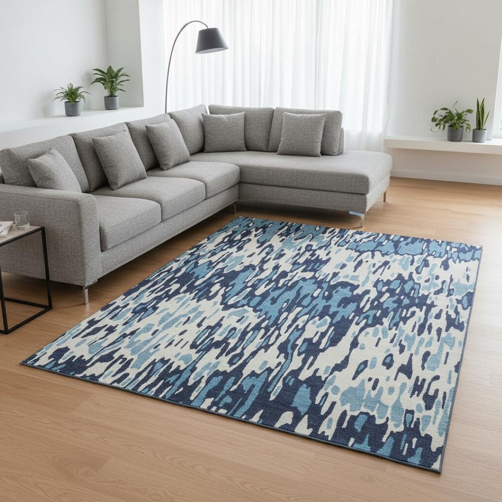HomeRoots 9' X 12' Blue And Ivory Striped Washable Area Rug – Durable, UV-Protected, Stylish for Any Space 677794