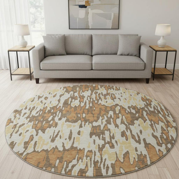 HomeRoots 8' Copper Striped Round Rug - Washable, UV-Protected, Durable Polyester for Indoor & Outdoor Use 677798