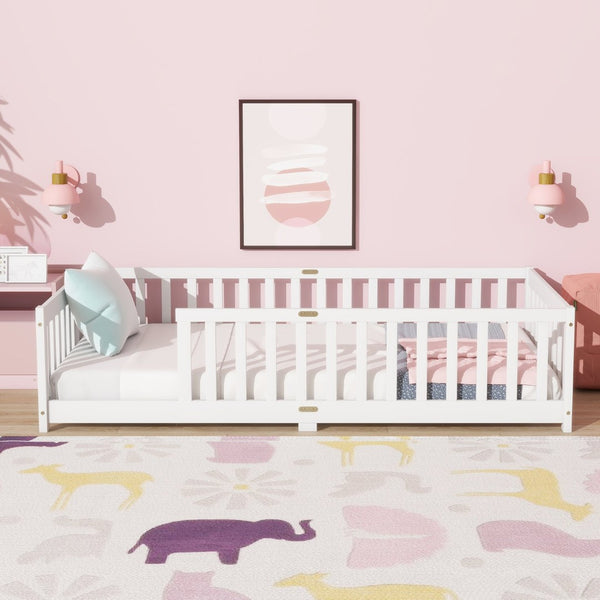 English Elm Twin Size Floor Bed With Safety Guardrails - Durable Rubberwood, Minimalist White Design For Kids W504P286396-GIGA